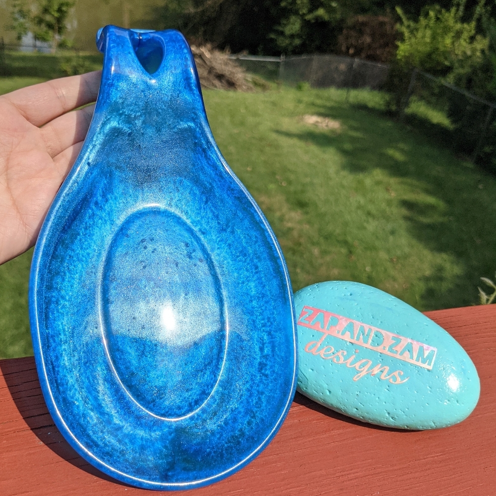 Spoon Rest Blue Resin Art Kitchen Utensil Holder Cozy Kitchen Home Handmade - Picture 3 of 10
